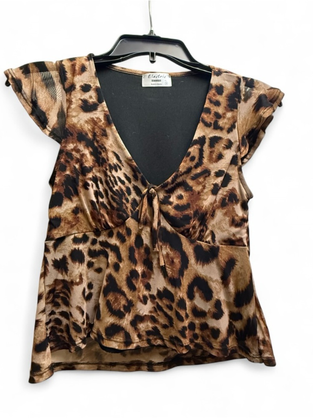 Electric Behavior Leopard Print V-Neck Tie Front Top - Brown